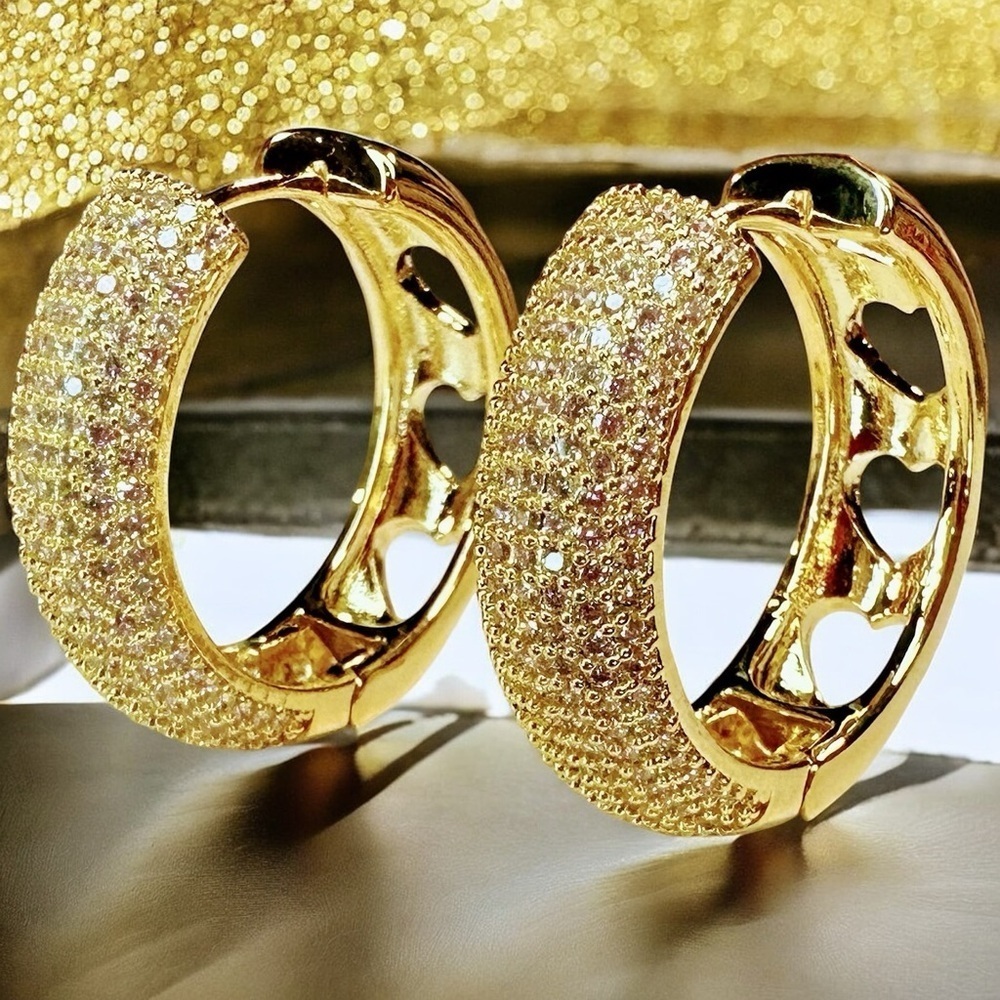 NEW Yellow Gold-Plated Chunky CZ Encrusted Sparkling Hoops w/ Heart Cut-Outs